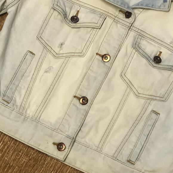 Forever 21 F21 Blue White Light Wash Distressed Jean Jacket Size Small - Picture 4 of 14